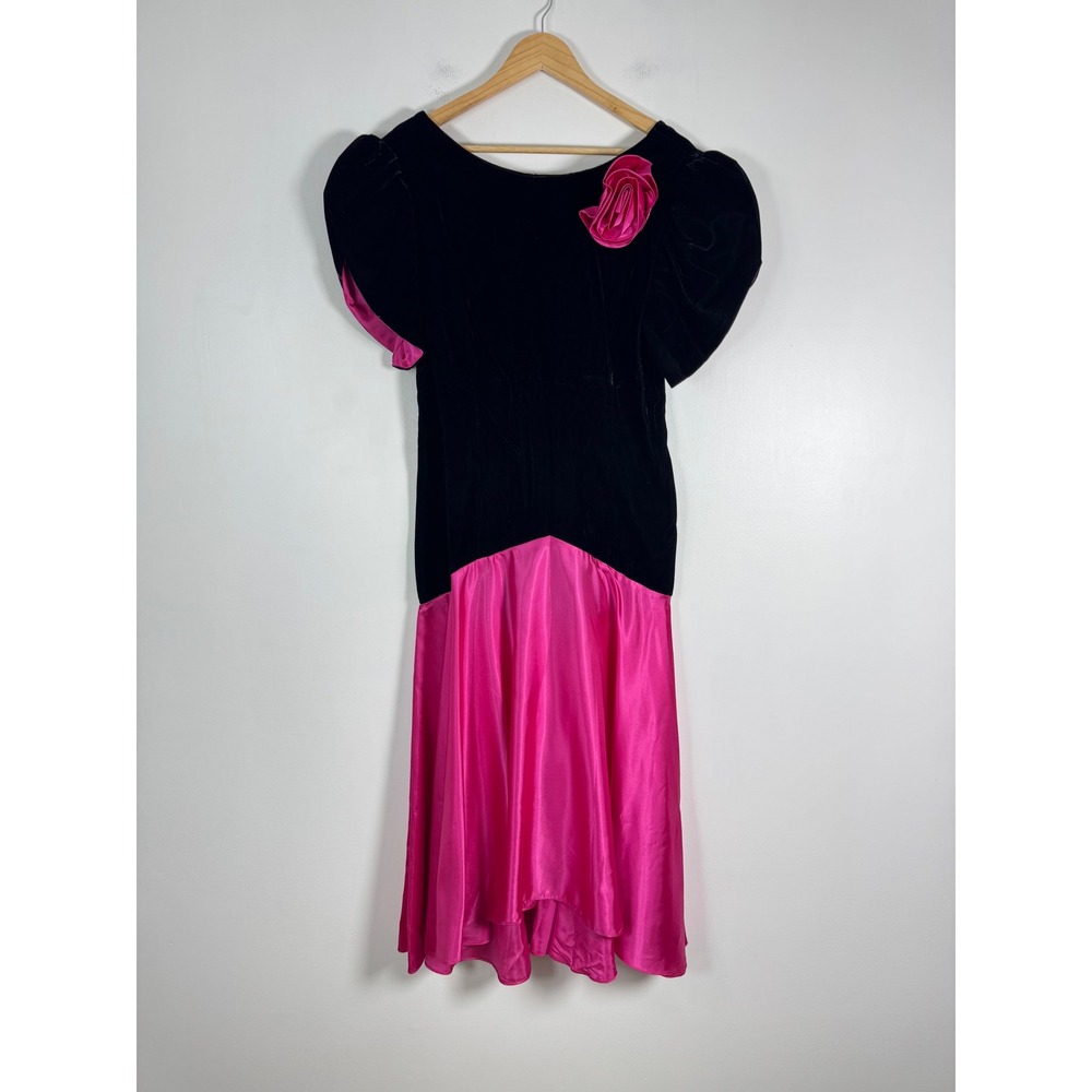 Vintage 80s Evenings by Pantagis Womens 13-14 Prom Dress Black Pink Velvet Satin